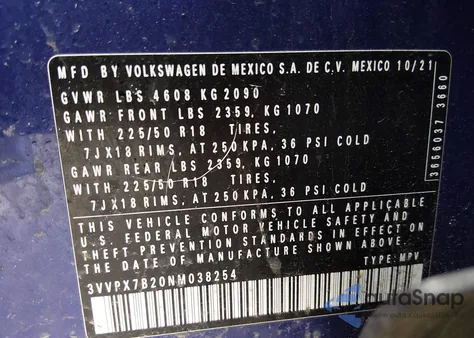 2022 Volkswagen Taos 1.5T Se из США, поврежденный, VIN 3VVPX7B20NM038254